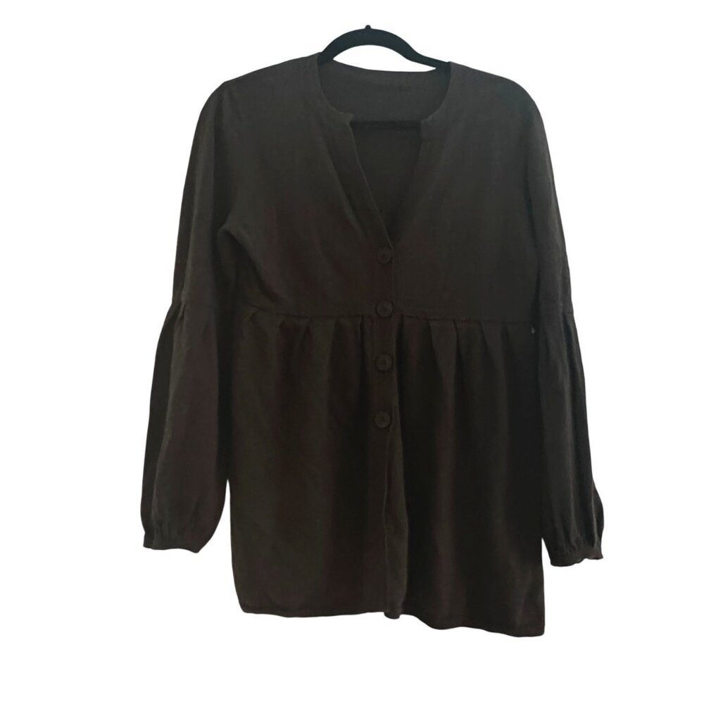 Women's Button Down Black Cardigan Balloon Sleeve Gathered Waist, Size XS